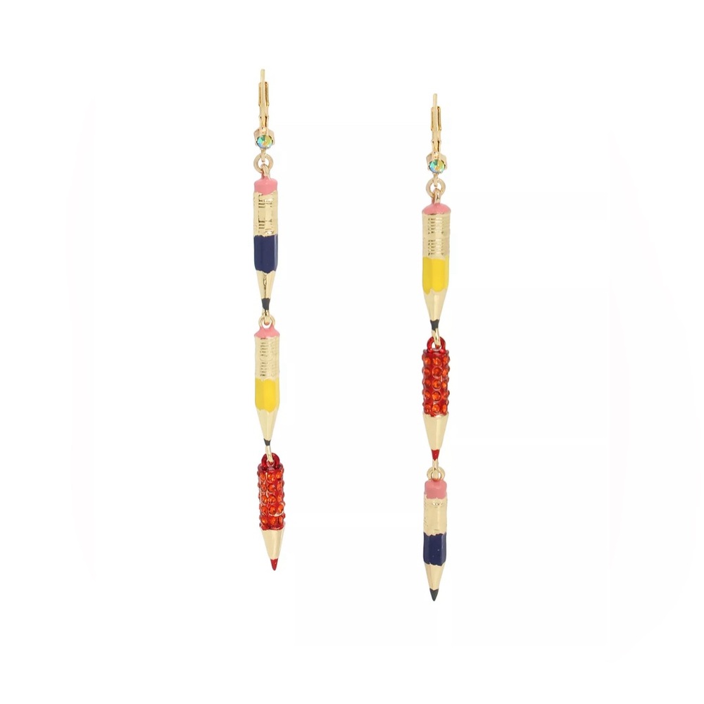 NWT ⚜️✏️⚜️ Betsey Johnson Charm School Linear Mismatch Pencil Drop Earrings